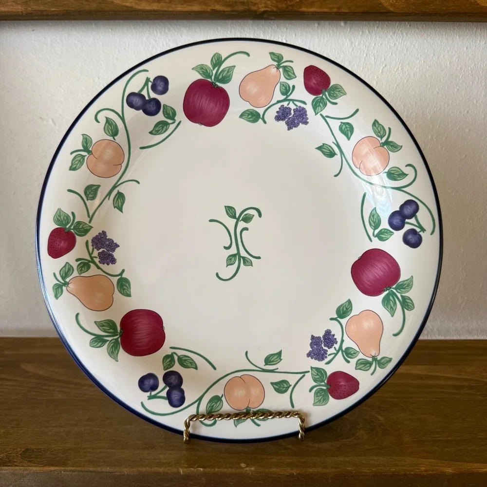 Princess House Orchard Medley Dinner Plate Fruit Pattern Blue Trim Ceramic